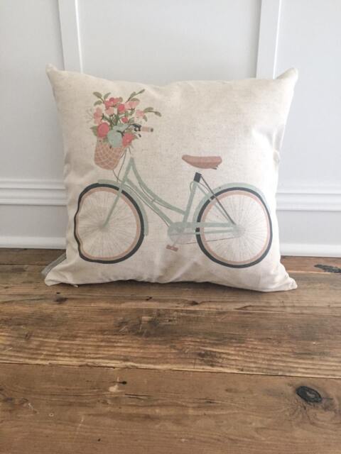 Linen Bicycle Pillow Cover - Aqua Floral Bike, Spring Decor