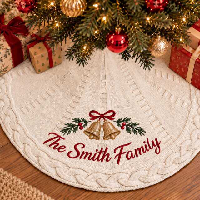Personalized Christmas Tree Skirt, Custom Embroidered Family Name Knit Decor, New Home First Gift - image 1
