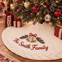 Personalized Christmas Tree Skirt, Custom Embroidered Family Name Knit Decor, New Home First Gift - thumbnail 2