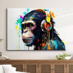Chimp With Headphones Dj Abstract Oil Animal Painting Splatter Style Wall Art Framed Canvas Poster Print, Home Office Room Decor Gifts - thumbnail 1