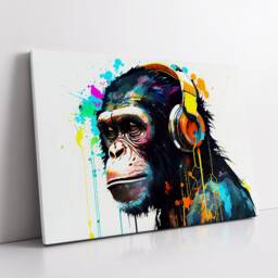 Chimp With Headphones Dj Abstract Oil Animal Painting Splatter Style Wall Art Framed Canvas Poster Print, Home Office Room Decor Gifts - thumbnail 2