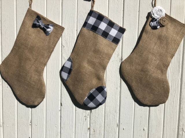 Black & White Buffalo Check Christmas Stocking - Three Designs Available-Bow Tie/Rosettes-Natural Burlap-Farmhouse-Holiday Decor - image 1