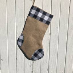 Black & White Buffalo Check Christmas Stocking - Three Designs Available-Bow Tie/Rosettes-Natural Burlap-Farmhouse-Holiday Decor - thumbnail 2