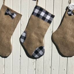 Black & White Buffalo Check Christmas Stocking - Three Designs Available-Bow Tie/Rosettes-Natural Burlap-Farmhouse-Holiday Decor - thumbnail 3