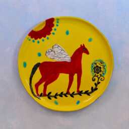Magic Fairy Horse & Flowers Ceramic Wall Hanging Art Plate, Handmade Clay Wall Platter, Colorful Folk Style Home Decor, Cathy Kiffney - thumbnail 3