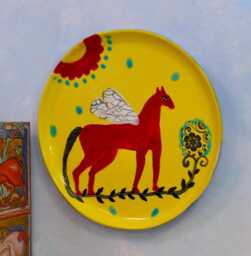 Magic Fairy Horse & Flowers Ceramic Wall Hanging Art Plate, Handmade Clay Wall Platter, Colorful Folk Style Home Decor, Cathy Kiffney - thumbnail 1