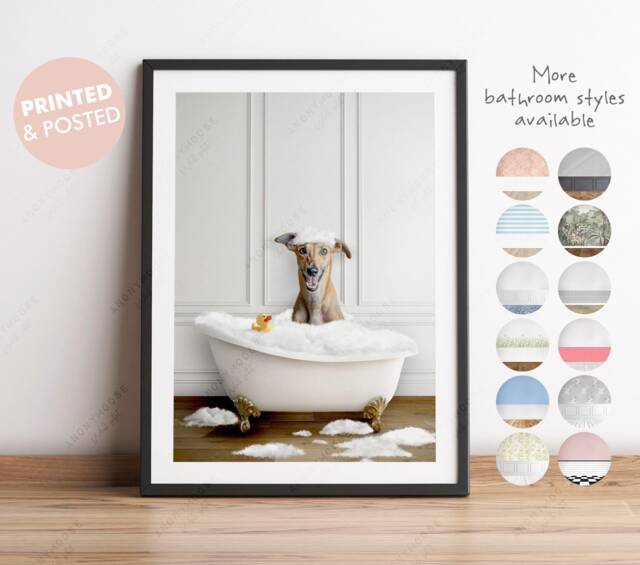 Lurcher Dog in A Bath Print, Bathing, Funny Bathroom Animal Bathtub, Tub Whimsy - image 1