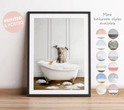 Lurcher Dog in A Bath Print, Bathing, Funny Bathroom Animal Bathtub, Tub Whimsy - thumbnail 1