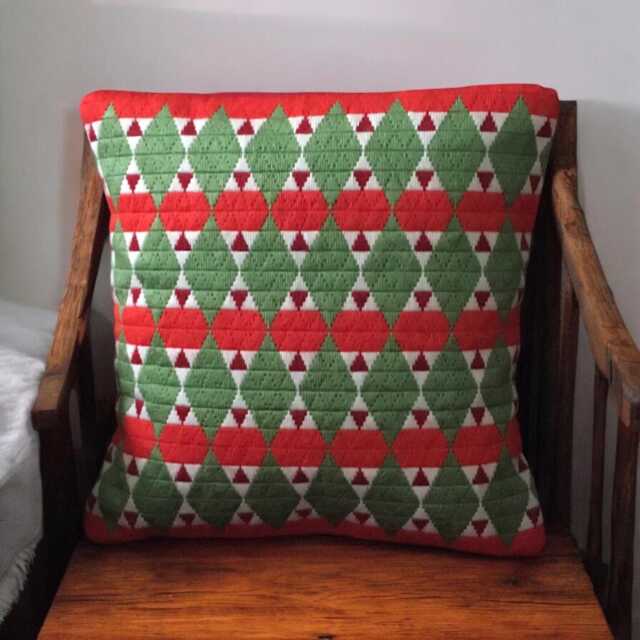 Hand Stitched Needlepoint Cushion Red & Green Bargello Pillow - image 1