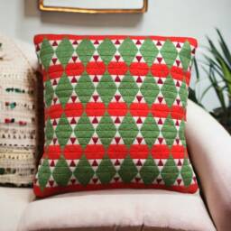 Hand Stitched Needlepoint Cushion Red & Green Bargello Pillow - thumbnail 2