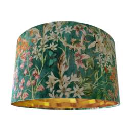 Emerald Green Velvet Lamp Shade, Gold Lining, Floral Meadow - thumbnail 2