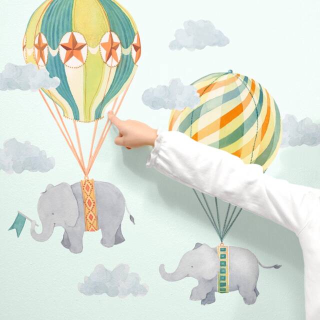 Up, Up & Away Hot Air Balloon Elephants - Neutral Peel-And-stick Wall Decals Mej - image 1