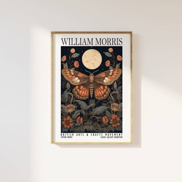 William Morris Style Botanical Moth & Moon Print - Cotton Prints Exhibition, Vintage Poster, Luxury Celestial Floral - image 1