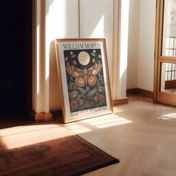 William Morris Style Botanical Moth & Moon Print - Cotton Prints Exhibition, Vintage Poster, Luxury Celestial Floral - thumbnail 2