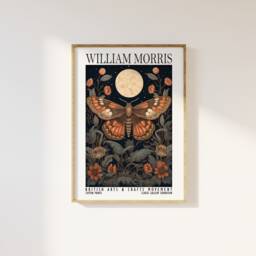 William Morris Style Botanical Moth & Moon Print - Cotton Prints Exhibition, Vintage Poster, Luxury Celestial Floral - thumbnail 1