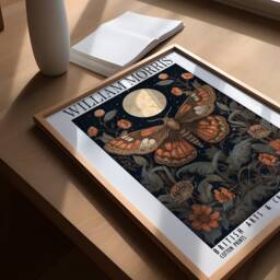 William Morris Style Botanical Moth & Moon Print - Cotton Prints Exhibition, Vintage Poster, Luxury Celestial Floral - thumbnail 3
