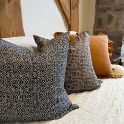 Patterned Grey Cushion With Duck Feather Insert 45x45cm, Country Cotton Throw Pillow Cover, Charcole Cushions, Decorative Farmhouse - thumbnail 3