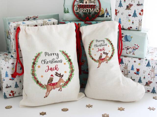 Reindeer Santa Sack, Personalised Bag , Reindeer Gifts Christmas Stocking, Eve Bag, Toy Sack - image 1