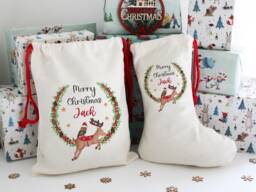 Reindeer Santa Sack, Personalised Bag , Reindeer Gifts Christmas Stocking, Eve Bag, Toy Sack - thumbnail 1