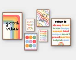 Rainbow Gallery Wall Prints - Kids Bedroom Posters Set Of 6 Positive Quotes Affirmations Playroom Nursery Print Toddler Children's - thumbnail 1