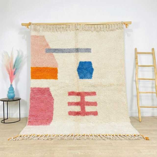 Moroccan White Berber Rug, Handwoven Wool Shag Rug With Geometric Shapes, Authentic Beni Ourain Style Carpet, Large 9x12 Area - image 1