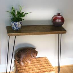 Rustic Console Table With Black Hairpin Legs, Side Solid Wood Oak Waxed Reclaimed Antique Wooden - thumbnail 2