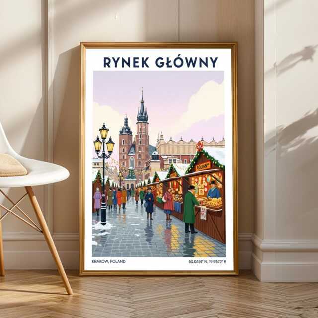 Krakow Winter Market Art Print Red & Green Gouache Polish Cityscape - image 1