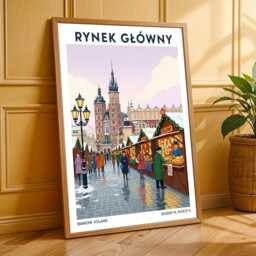 Krakow Winter Market Art Print Red & Green Gouache Polish Cityscape - thumbnail 3