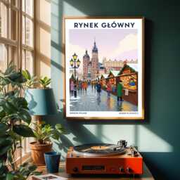 Krakow Winter Market Art Print Red & Green Gouache Polish Cityscape - thumbnail 2