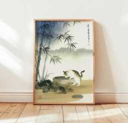 Japanese Cat Watercolour Poster, Asian Animal Wall Art, Bamboo Garden Print, Zen Pet Artwork, Traditional Ink Painting Decor