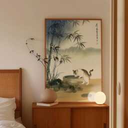 Japanese Cat Watercolour Poster, Asian Animal Wall Art, Bamboo Garden Print, Zen Pet Artwork, Traditional Ink Painting Decor - thumbnail 3