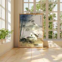 Japanese Cat Watercolour Poster, Asian Animal Wall Art, Bamboo Garden Print, Zen Pet Artwork, Traditional Ink Painting Decor - thumbnail 4