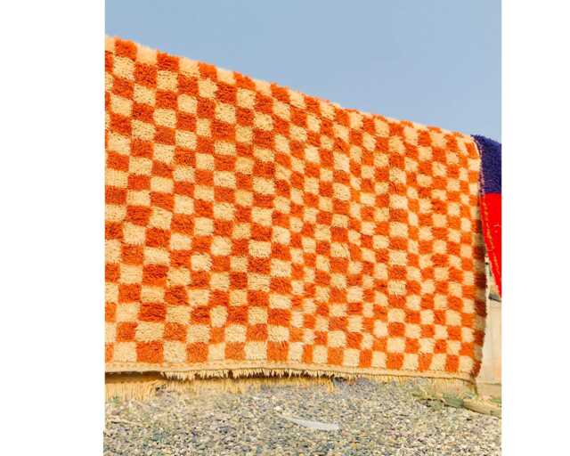 Orange Checkered Rug, Moroccan Beni Ourain Soft Wool Rug, Large Checker Area Rug - image 1