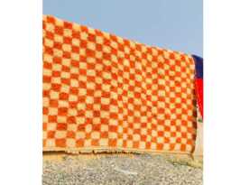 Orange Checkered Rug, Moroccan Beni Ourain Soft Wool Rug, Large Checker Area Rug