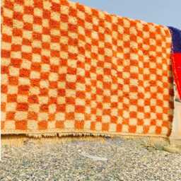 Orange Checkered Rug, Moroccan Beni Ourain Soft Wool Rug, Large Checker Area Rug - thumbnail 2