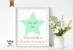 Nursery Print Wall Art, Mint Green & Grey Print, Twinkle Little Star , Rose Gold Foil, Cute Girls Decor - thumbnail 1