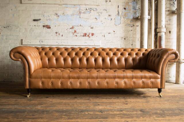 Handmade Large 4 Seater Distressed Vintage Tan Leather Chesterfield Sofa, Couch, Settee - image 1