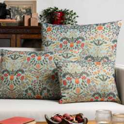 Morris Style Leaves & Berries Boudoir Cushion in Duck Egg Blue. Signature Tapestry Fabric. 17x12 - thumbnail 2