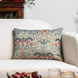 Morris Style Leaves & Berries Boudoir Cushion in Duck Egg Blue. Signature Tapestry Fabric. 17x12 - thumbnail 1