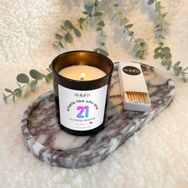 Personalised 21st Birthday Candle Gift With Matches Vegan Soy Wax, Custom Label - image 1