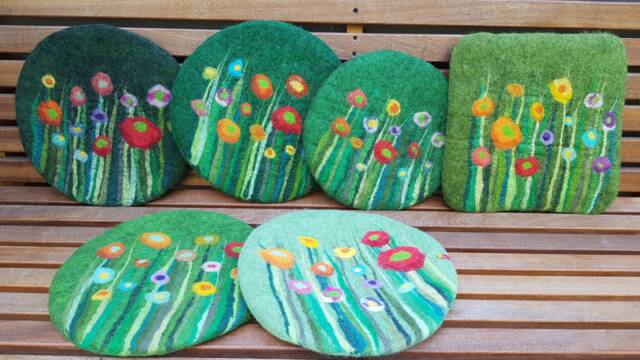 Handfelted Seat Cushion With Flowers & Grass, Summer, Green - image 1
