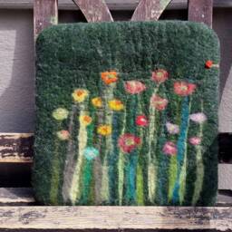Handfelted Seat Cushion With Flowers & Grass, Summer, Green - thumbnail 3