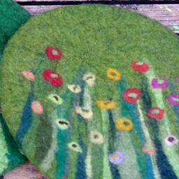 Handfelted Seat Cushion With Flowers & Grass, Summer, Green - thumbnail 2