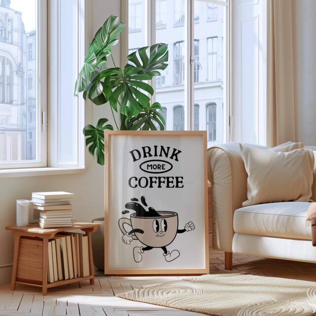 Drink More Coffee Print - Trendy Retro Kitchen Prints Wall Art More Coffee Cafe Print Bar Cart Wall Decor Art - image 1