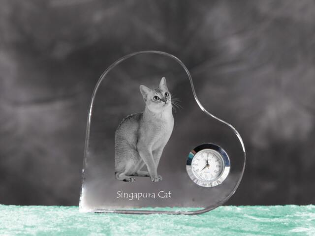 Singapura Cat - Crystal Clock in The Shape Of A Heart With Image Pure-Bred Cat - image 1