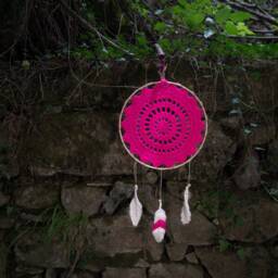 Crochet Dreamcatcher in Fuchsia Colour, Crochet Feathers, Framed Dreamcatcher, Wall Decoration, Boho Decor - thumbnail 2