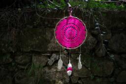 Crochet Dreamcatcher in Fuchsia Colour, Crochet Feathers, Framed Dreamcatcher, Wall Decoration, Boho Decor - thumbnail 1