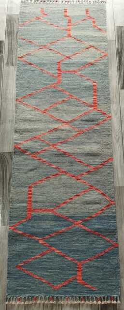 Nordic Runner Kilim Rug, Modern Artisan Scandinavian Afghan Turkish Abstract Art Wool Rug 193x63 cm - image 1