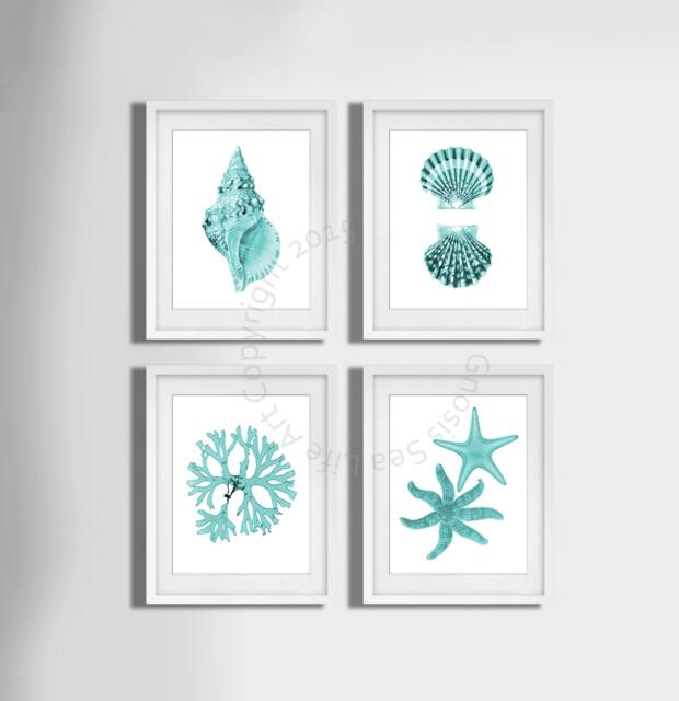 Turquoise Wall Art Set Of 4 Unframed Art Prints Beach Decor, Seashells Starfish Coastal Beachy Bathroom Etsy Decor - image 1