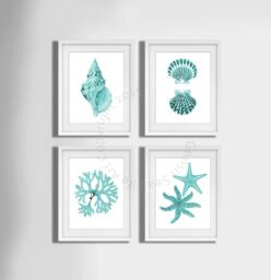Turquoise Wall Art Set Of 4 Unframed Art Prints Beach Decor, Seashells Starfish Coastal Beachy Bathroom Etsy Decor - thumbnail 1